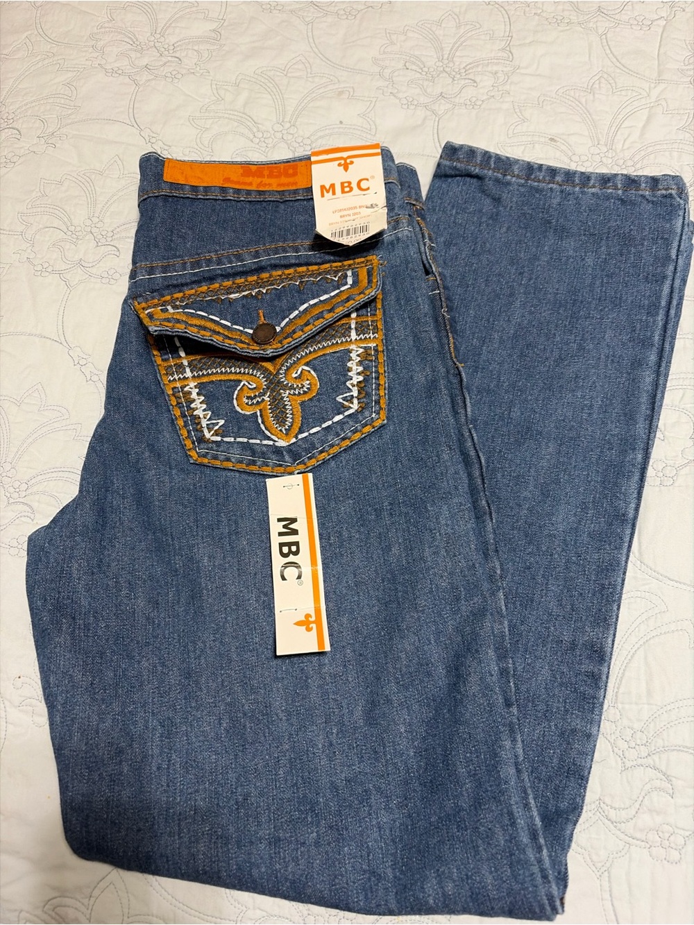 NWT Most Expensive & cute MBC Blue Jeans Embroidered pockets Size W32XL29.5